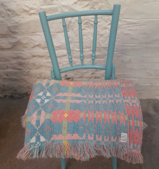 Vintage Welsh Tapestry Blanket in Pale Blue, Coral Pink With a Pop of Yellow