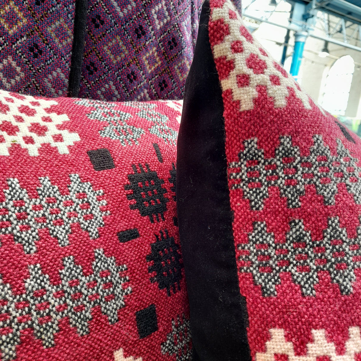 PAIR Handmade Welsh Tapestry Blanket Cushions in Burgundy Red, Black & White 18"