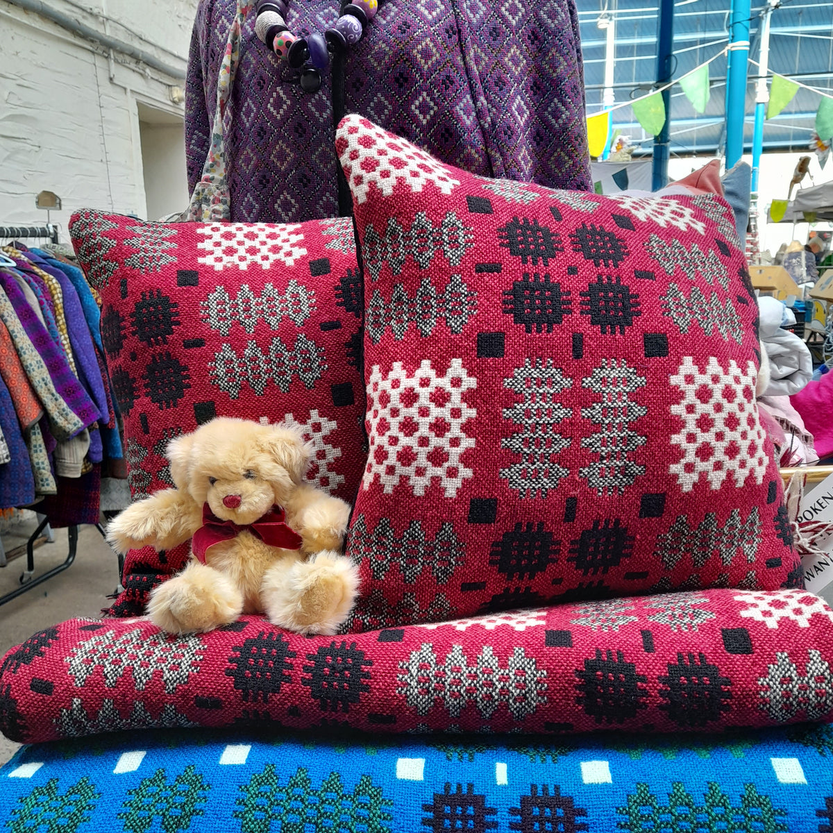 PAIR Handmade Welsh Tapestry Blanket Cushions in Burgundy Red, Black & White 18"