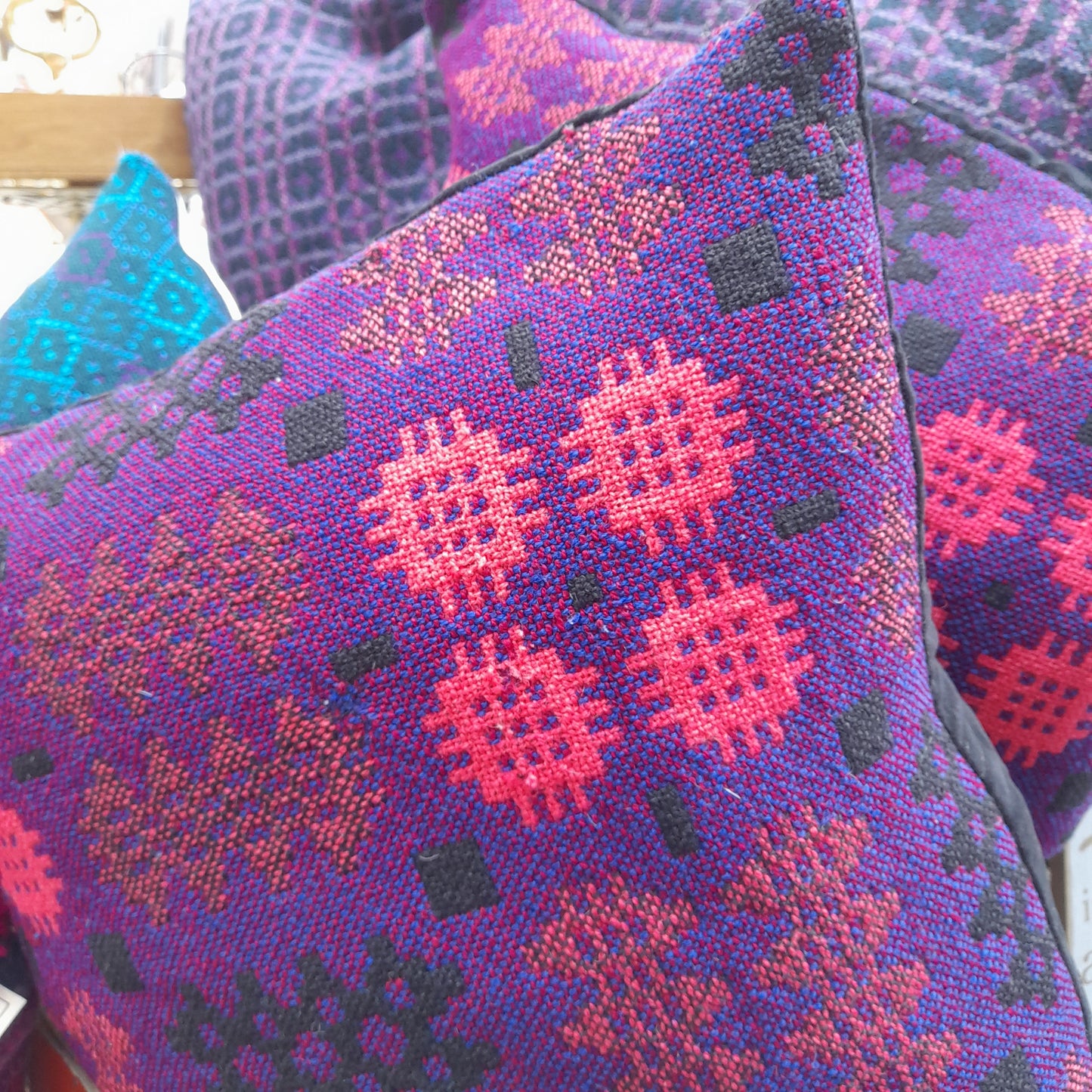 PAIR Handmade Welsh Blanket Cushions in Dark Purple, Cerise Pink & Black 18"