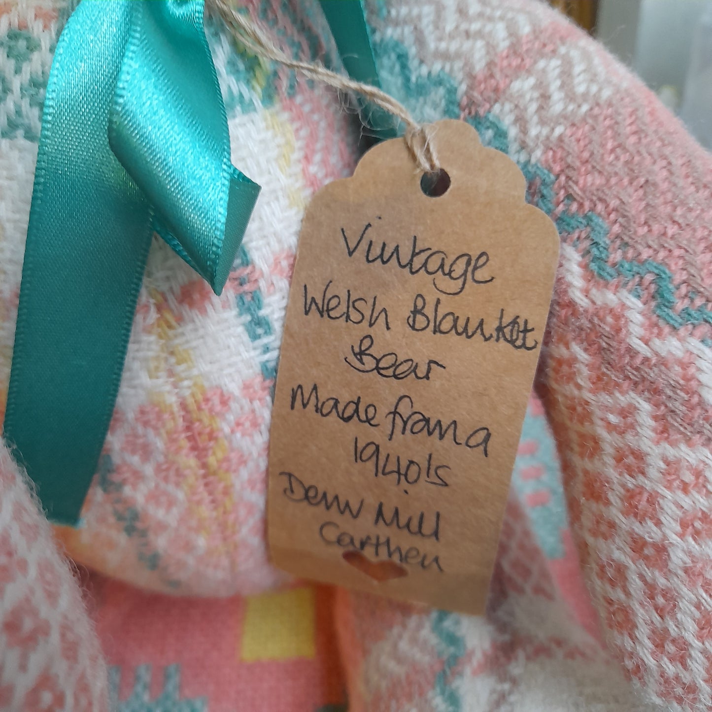 Handmade Welsh Blanket Teddy Bear in Peach Cream & Green