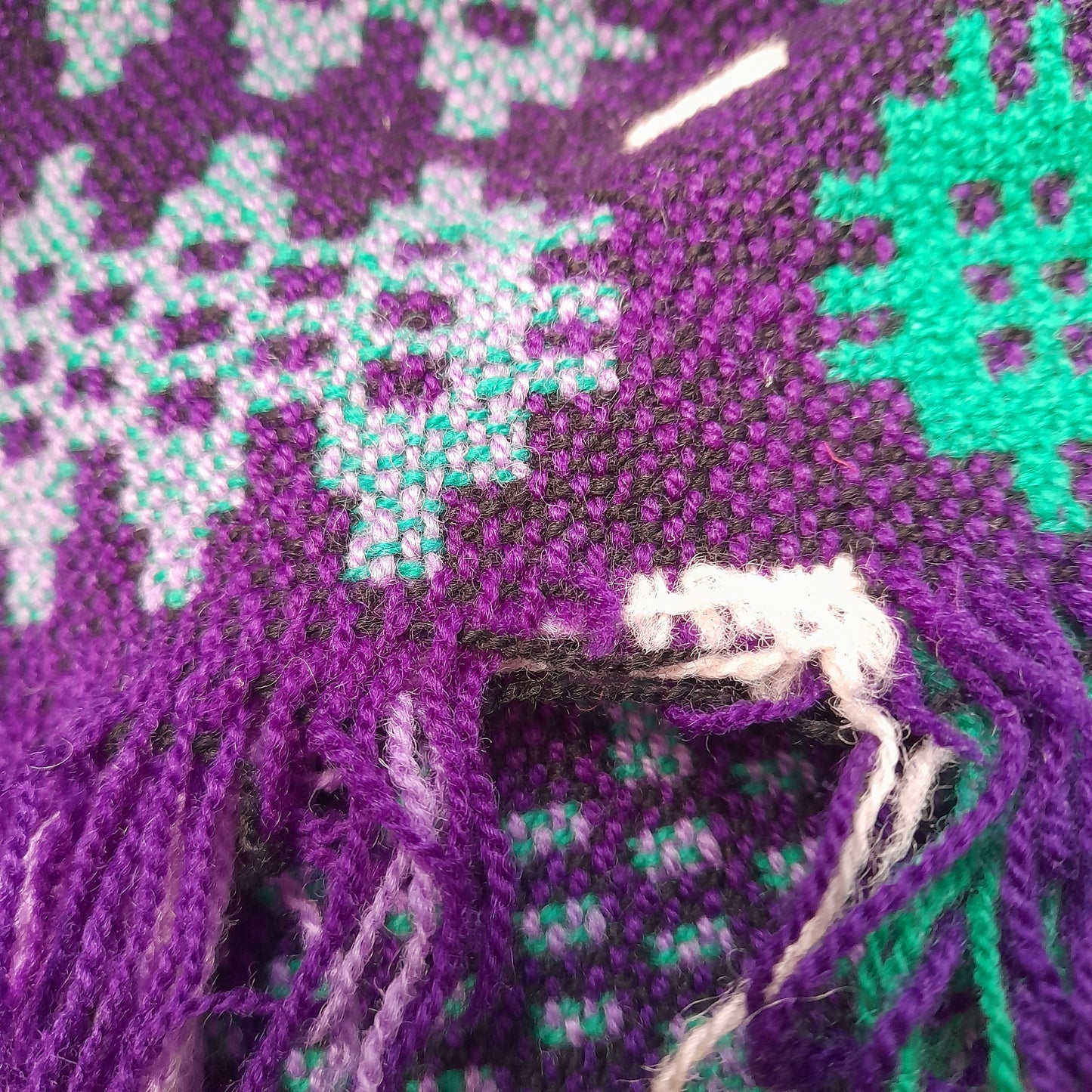 Vintage Welsh Tapestry Blanket in Purple Lilac & Teal Green