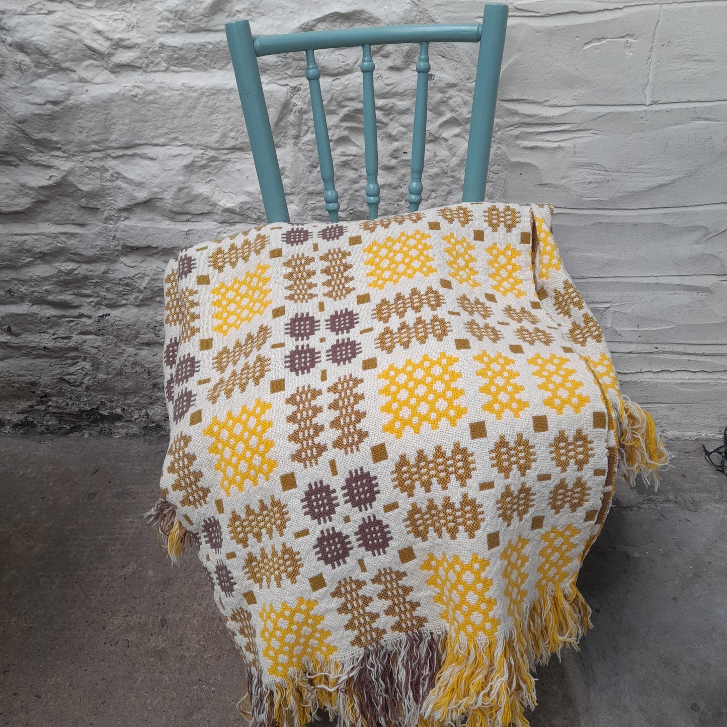 Vintage Welsh Tapestry Blanket in Daffodil Yellow, Brown on Cream King Size