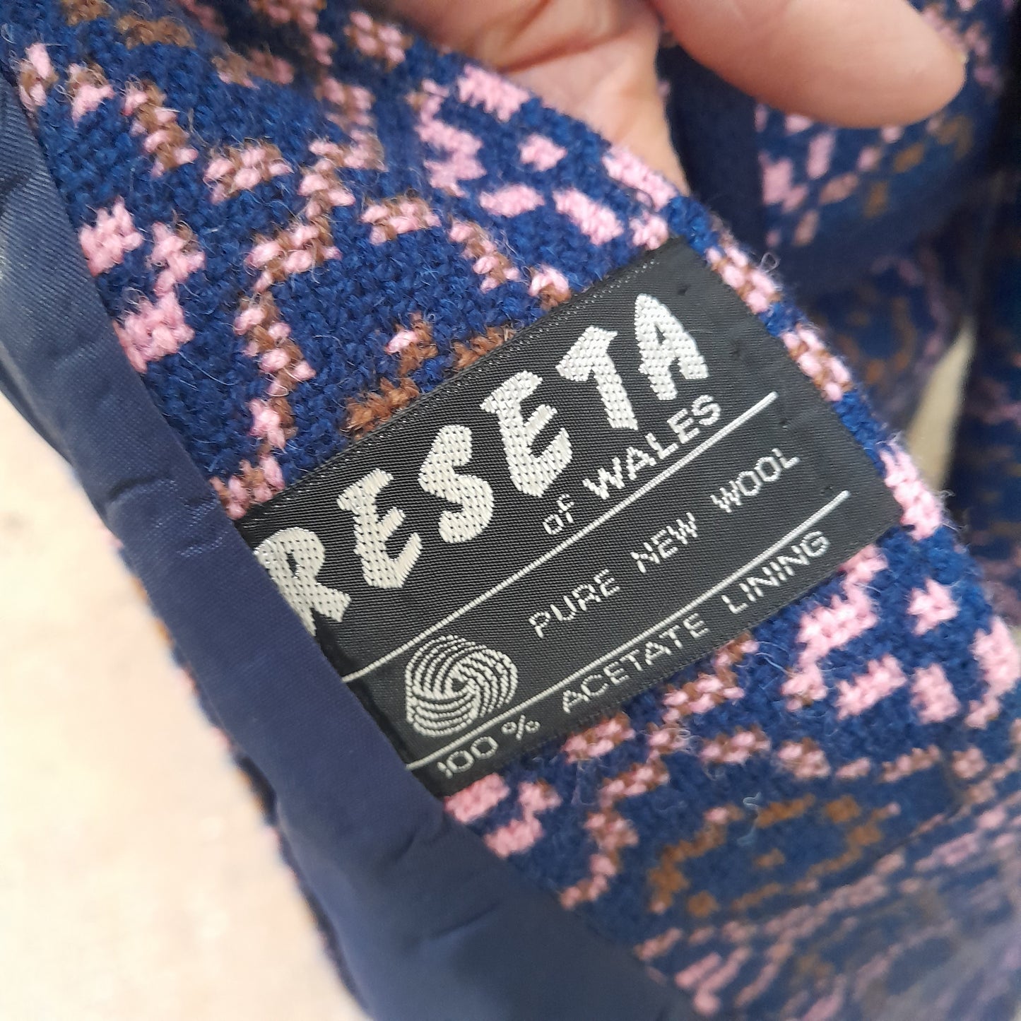 Vintage Full Length Welsh Tapestry Coat in Navy Blue Brown & Pink Unworn