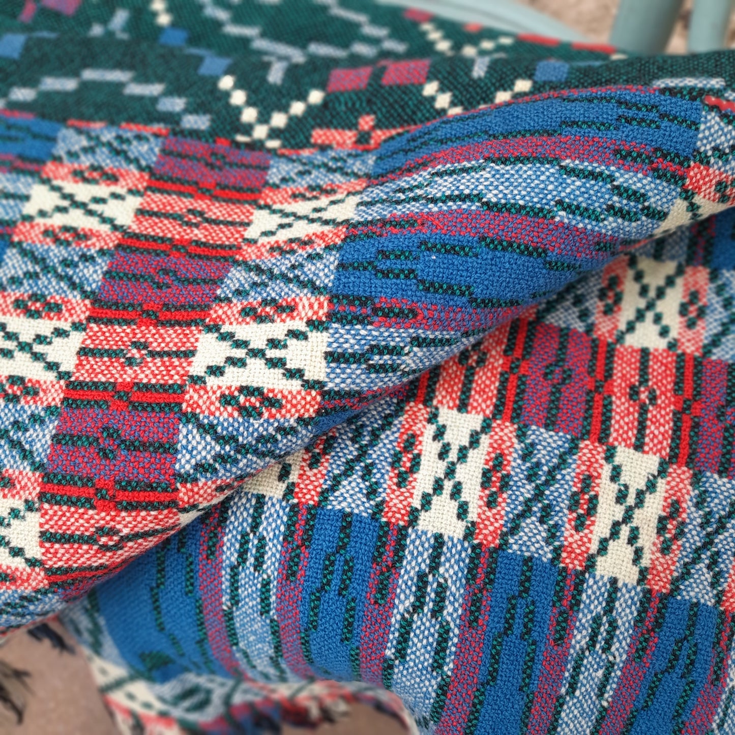 Vintage Welsh Tapestry Blanket in Teal Green, Blue & White With A Pop of Red