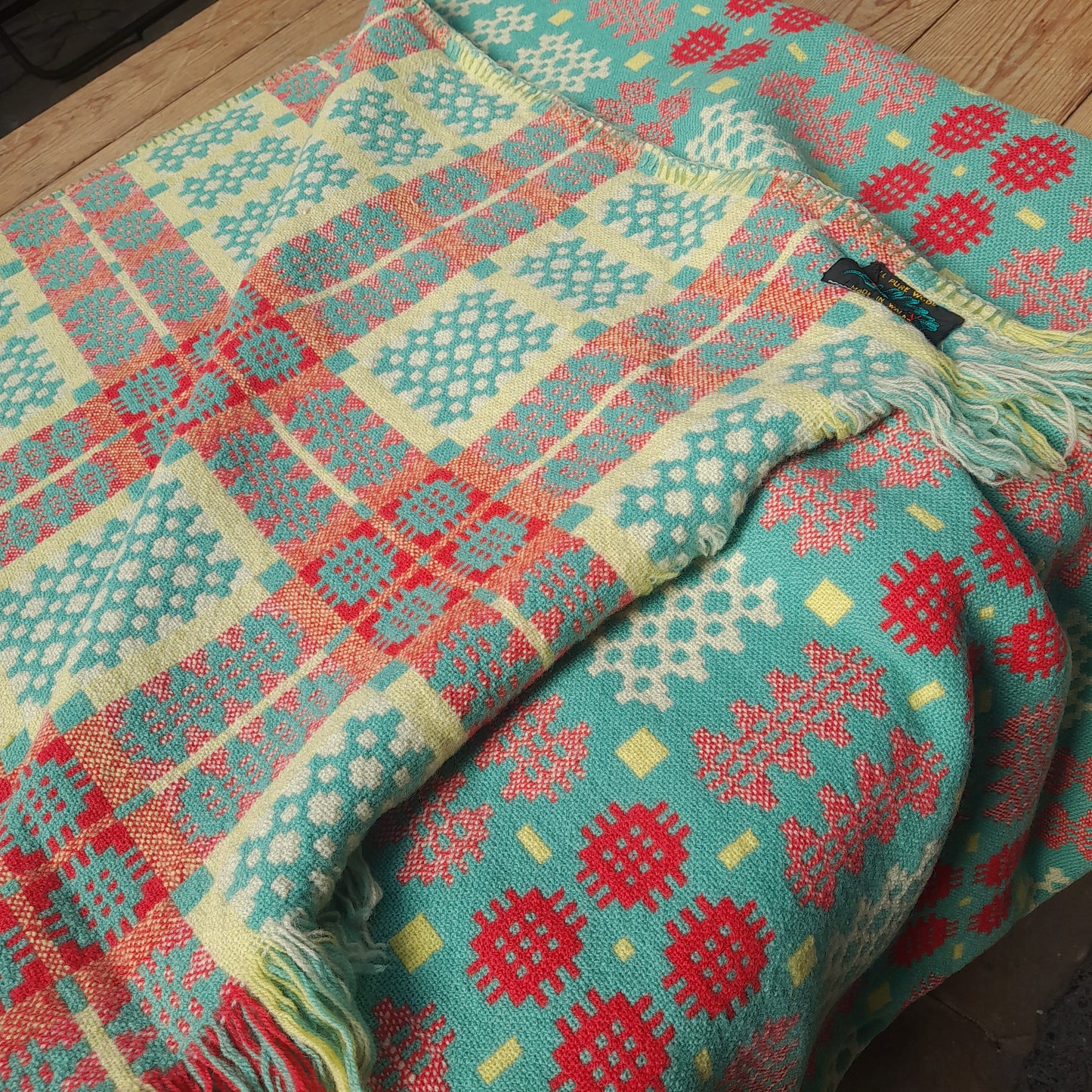Vintage Welsh Tapestry Blanket in Green, Raspberry Red, Lemon Yellow & White King Size
