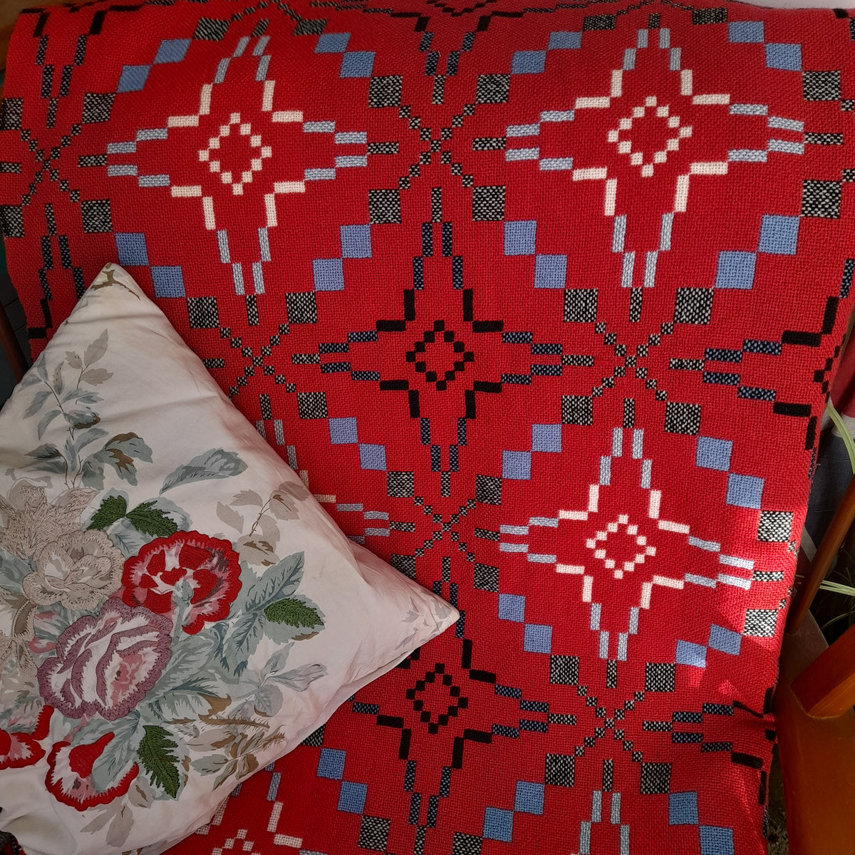 Vintage Welsh Tapestry Blanket in Raspberry Red, Black & White With A Pop of Sky Blue By Melin Tregwynt King Size