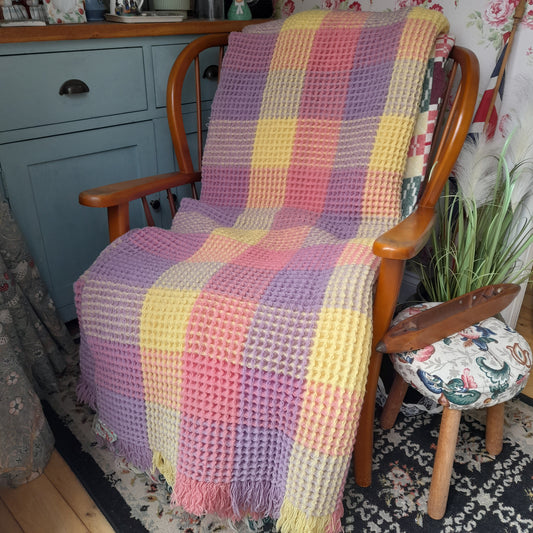 Vintage Welsh Wool Waffle Honeycomb Blanket in Rainbow Pastels Pink Lilac & Lemon Check