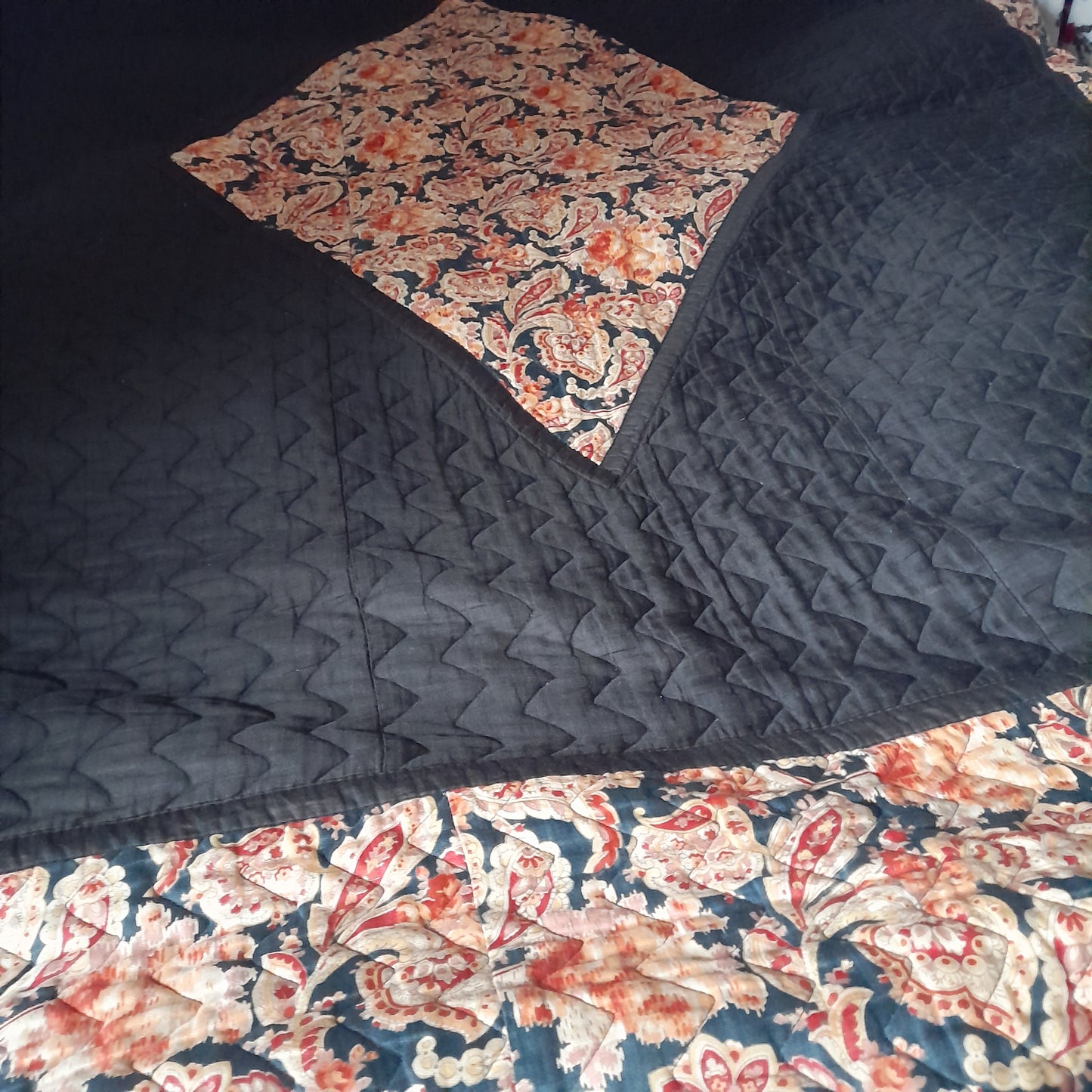 Art Deco Antique Black & Burnt Orange Paisley Quilt Reversible