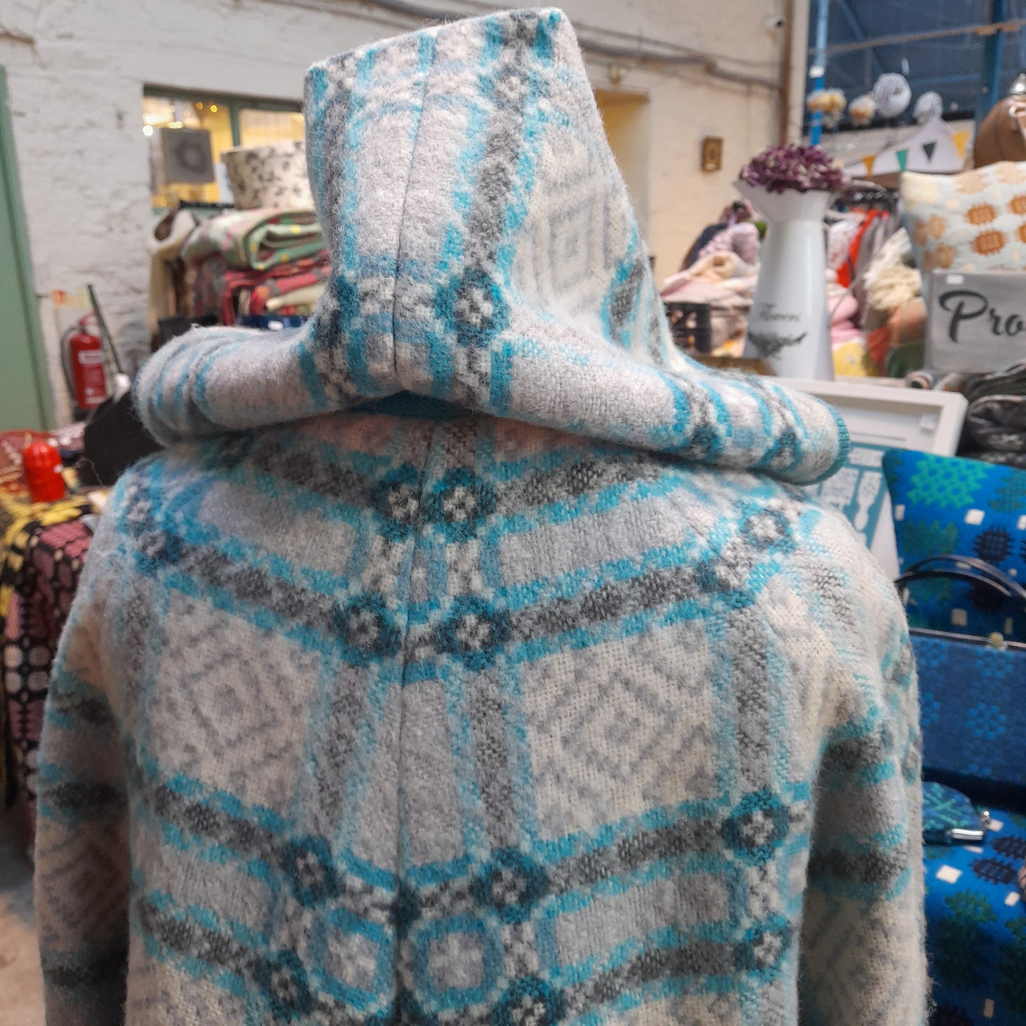 Vintage Welsh Tapestry Full Length Hooded Duffle Coat in Grey With Pop of Turquoise