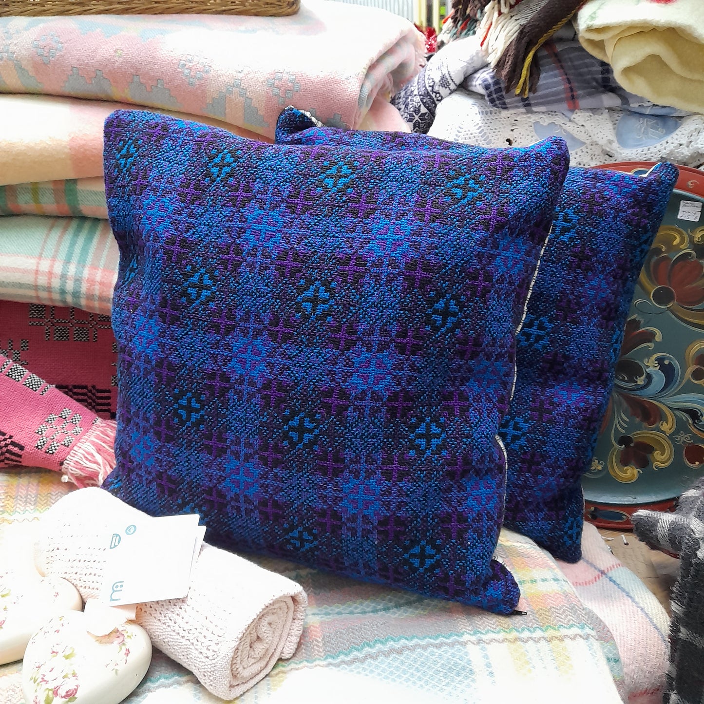 PAIR Handmade Cushions Made From Vintage Welsh Tapestry Fabric in Bright Blue, Purple & Black 18"