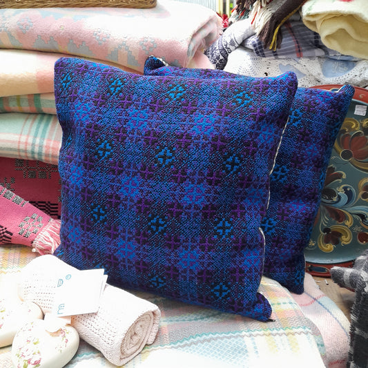 PAIR Handmade Cushions Made From Vintage Welsh Tapestry Fabric in Bright Blue, Purple & Black 18"