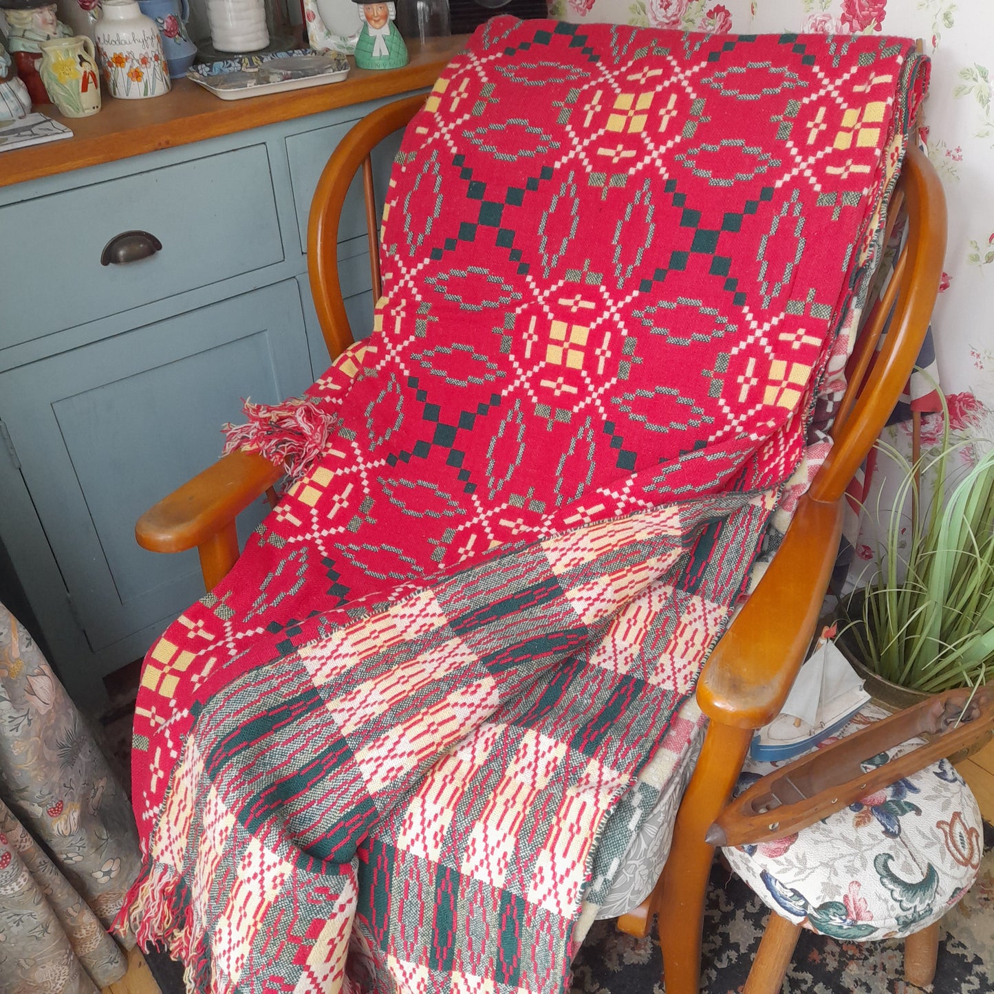 Vintage Welsh Tapestry Blanket in Raspberry Red/Pink, Emerald Green, Daffodil Yellow & Cream by Derw Mill King Size