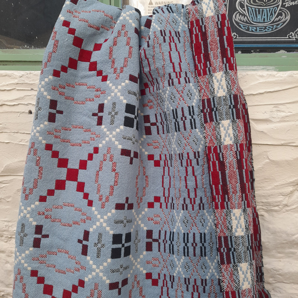 Rare Vintage Welsh Tapestry Blanket in Wedgwood Blue, White, Black & Burgundy Claret King Size