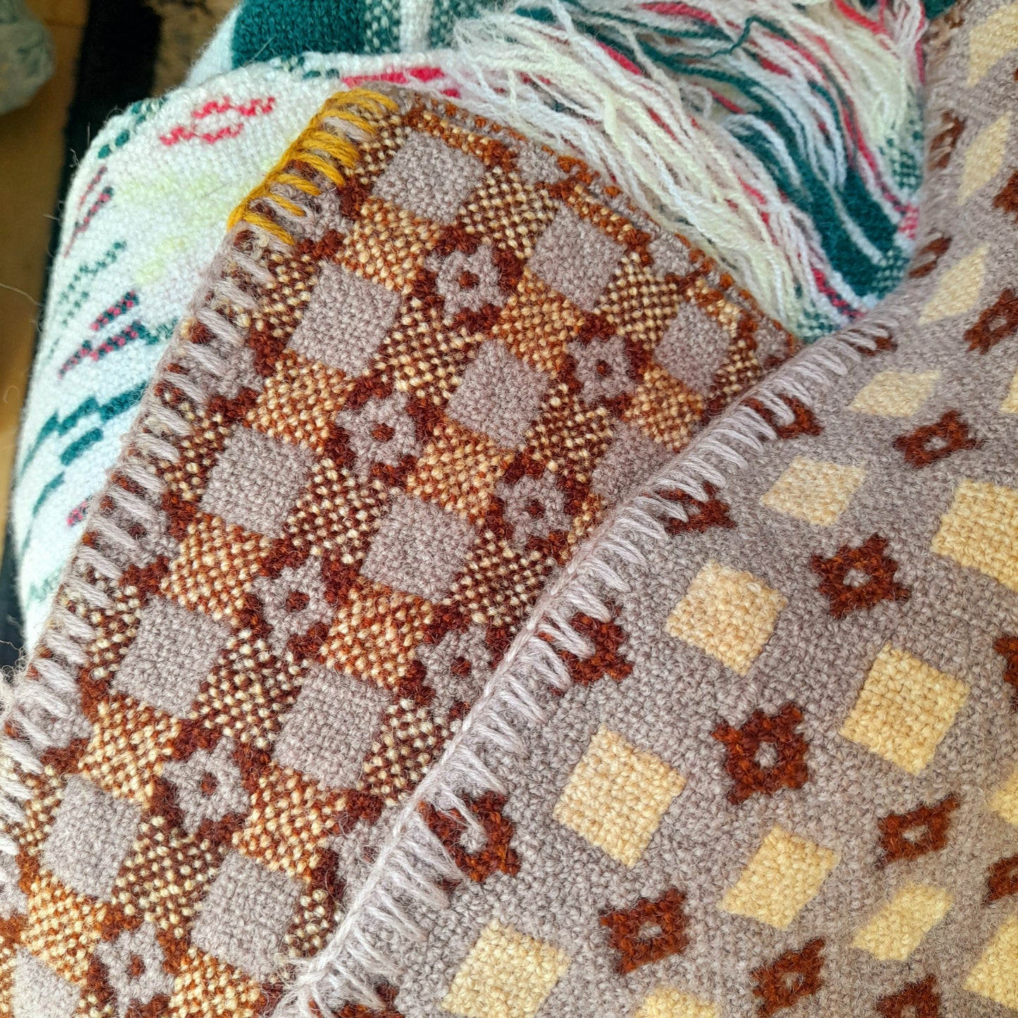 Antique Welsh Blanket in Latte Brown Orange & Cream