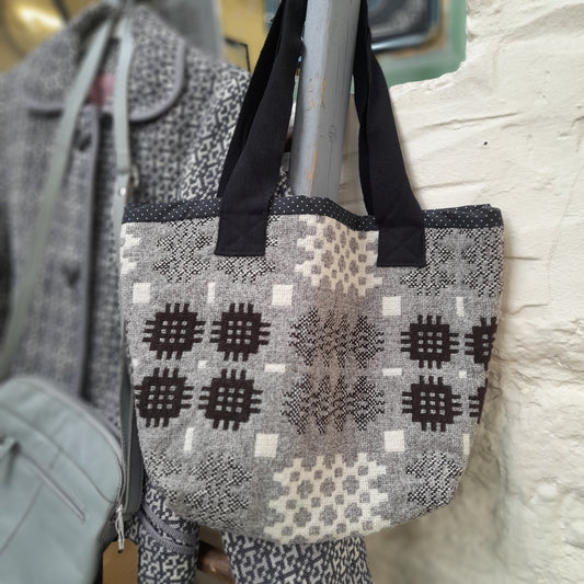 Handmade Welsh Tapestry Blanket Shoulder Bag/Shopper in Grey, Black & White by Welsh Tweed