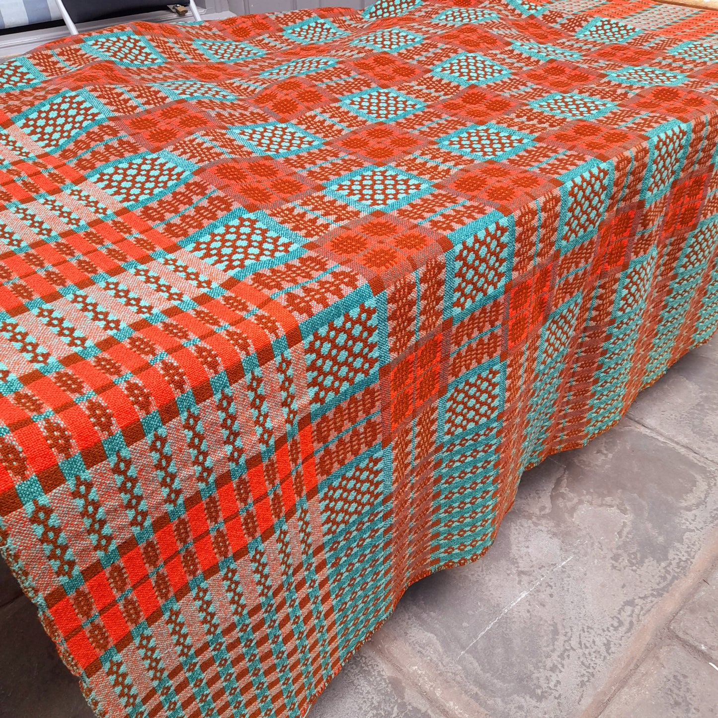 Early Antique Handmade Welsh Wool Tapestry Blanket in Teal Green, Orange Red & Terracotta