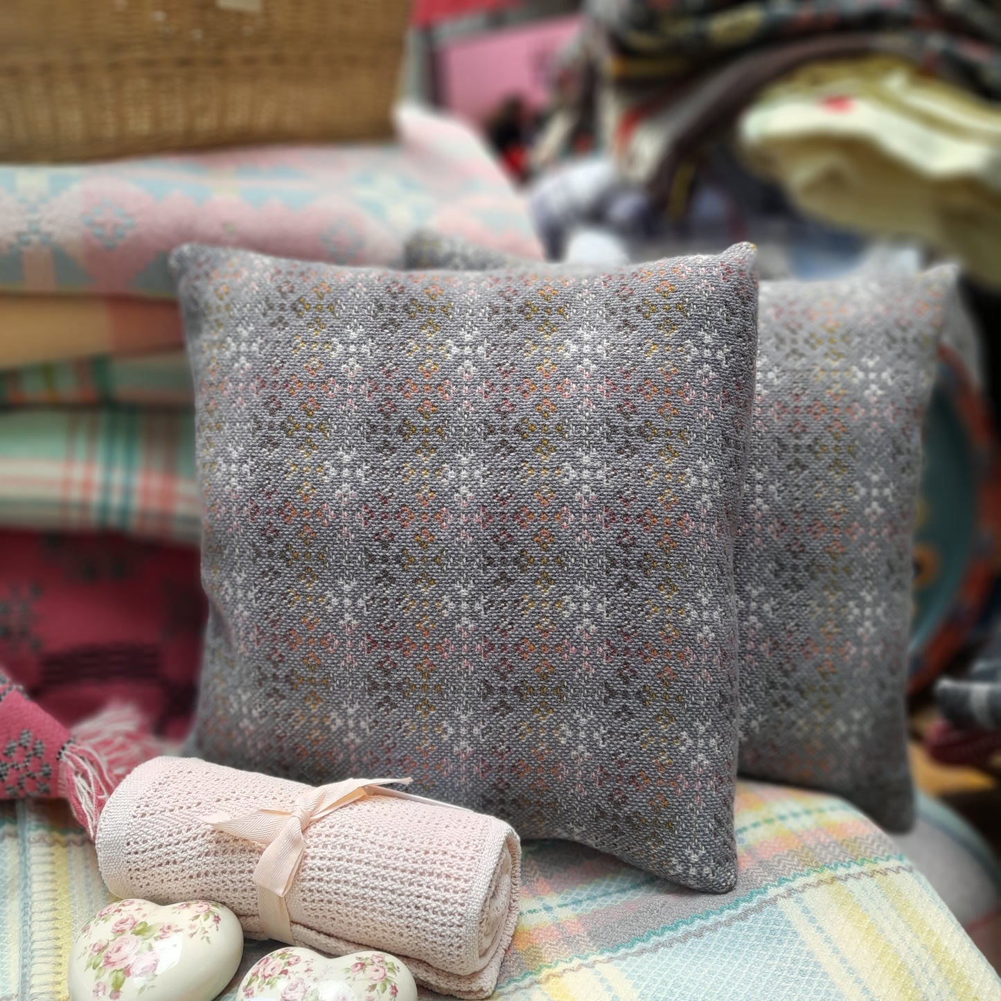 PAIR Handmade Cushion Made From Vintage Welsh Wool Tapestry in Grey 18"