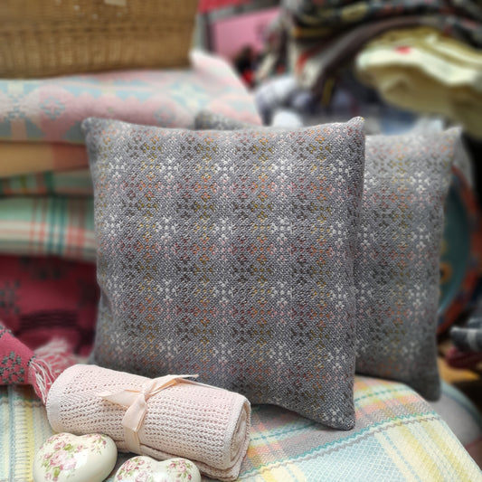 PAIR Handmade Cushion Made From Vintage Welsh Wool Tapestry in Grey 18"