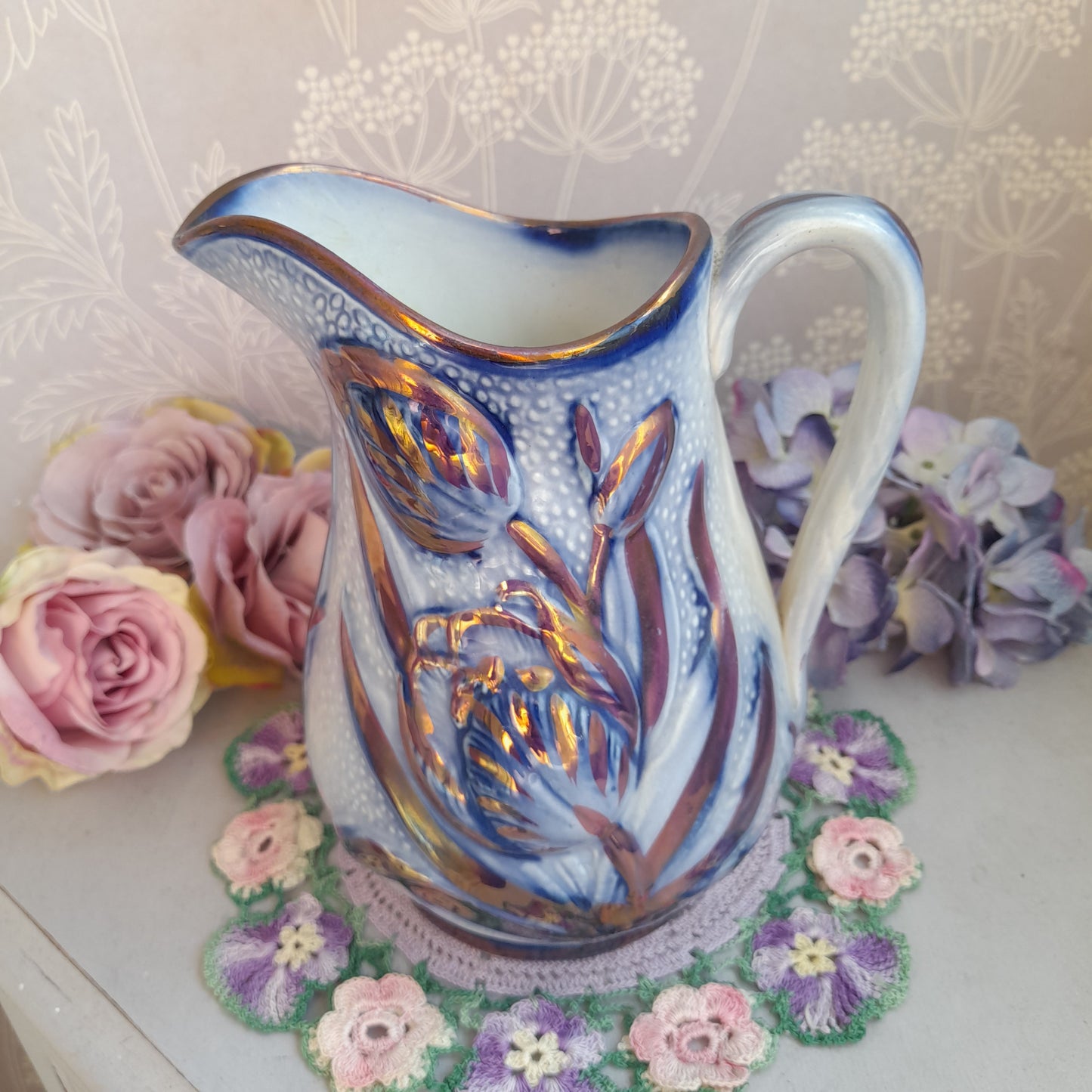 19thC James Dudson Antique Lusterware Blue & Gold Tulip Pitcher Jug