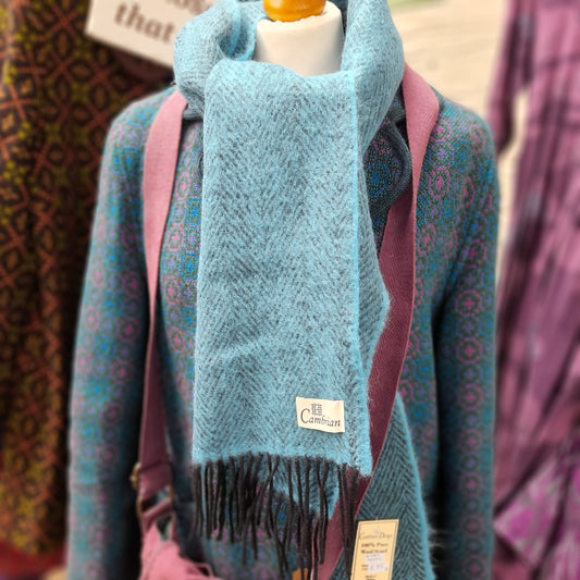 Super Soft Wool Herringbone Scarf in Aqua Teal & Black Woven in Wales