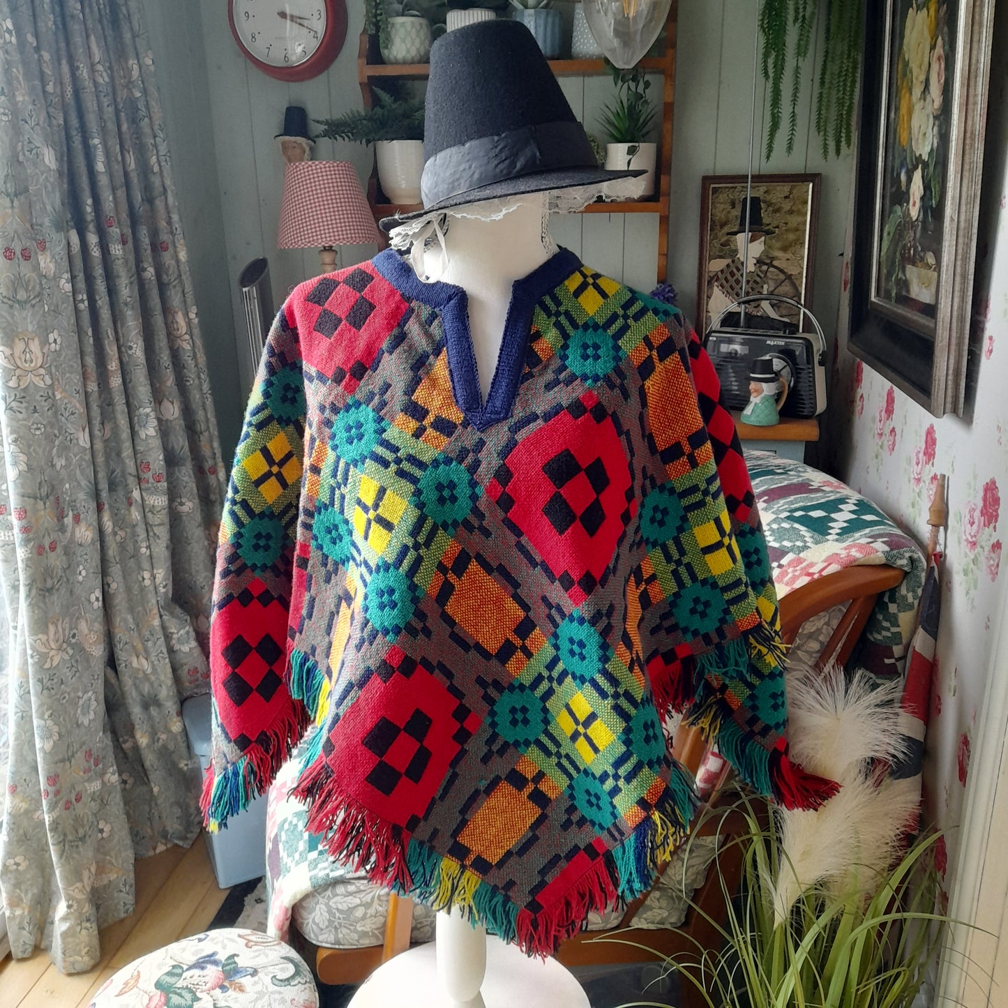 Vintage Welsh Tapestry Poncho by Trefriw Woollen Mill Navy Multicolour Reversible