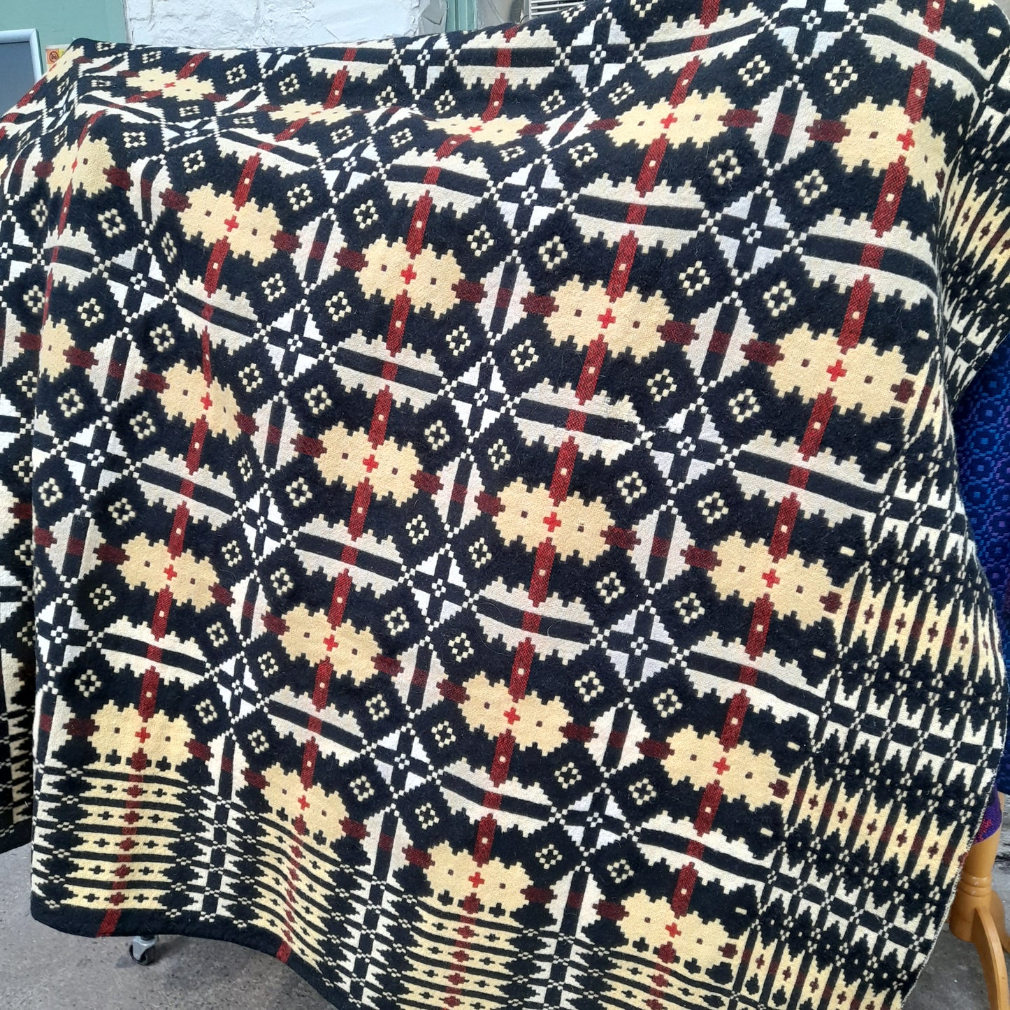 Antique Welsh Blanket in Black Red & Yellow by Brynkir Mill