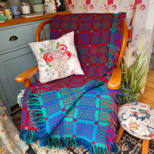 Welsh Tapestry Blanket in Reds Blues & Greens by Melin Tregwynt