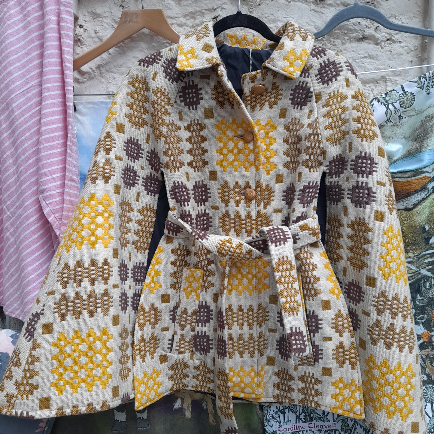 Vintage Welsh Tapestry Cape/Poncho in Cream, Yellow & Brown