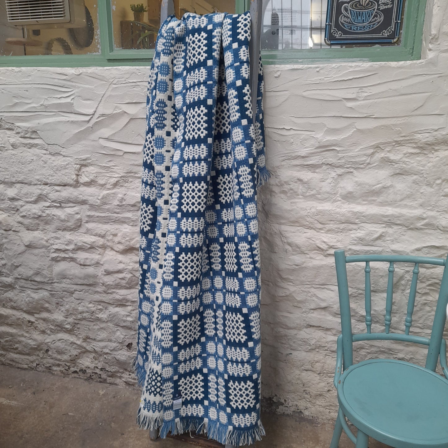 Vintage Welsh Tapestry Blanket in Blues & Creams by Trefriw Woollen Mill King Size