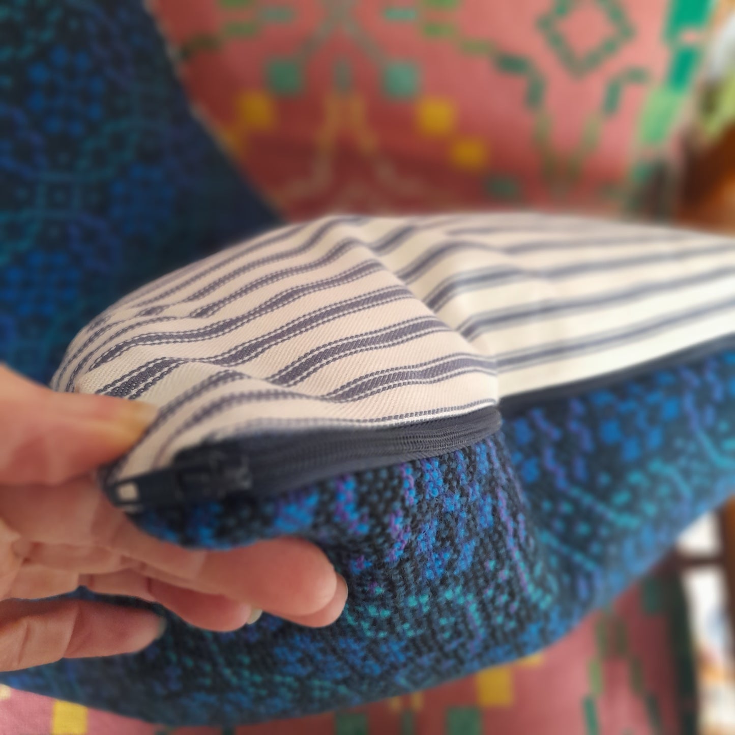 PAIR Handmade Cushions Made From Vintage Welsh Tapestry Fabric in Navy Blue, Green & Black 18"