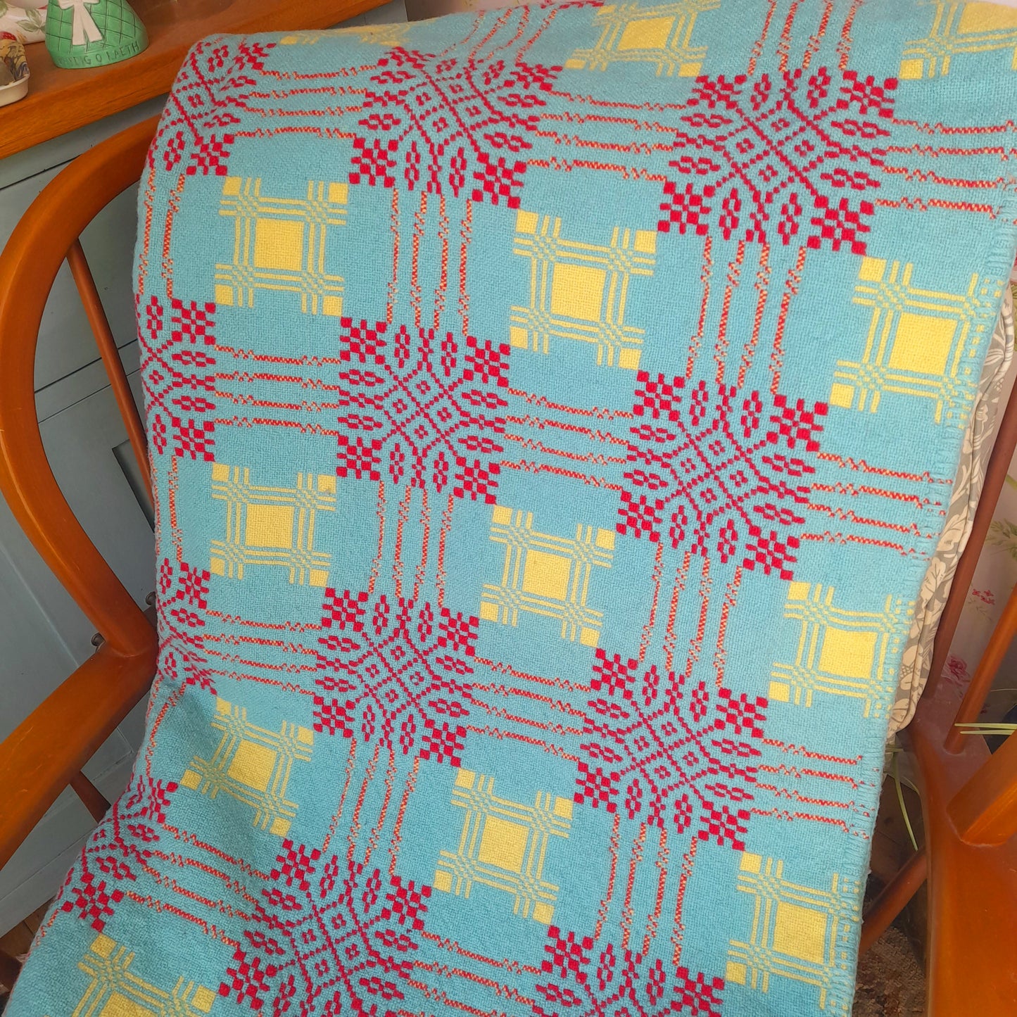 RARE Vintage Welsh Tapestry Blanket in Aqua, Raspberry Red & Daffodil Yellow by Gernos Mill