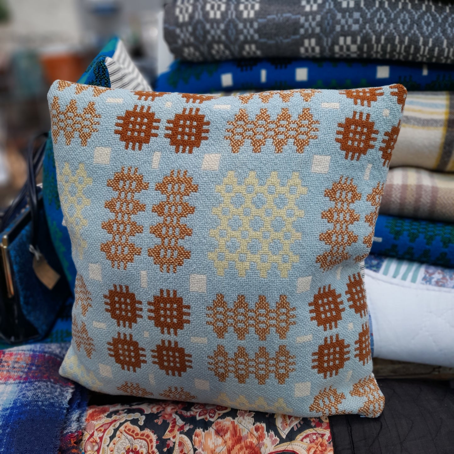 PAIR Handmade Welsh Blanket Cushions in Duck Egg Blue, Lemon & Brown 18"