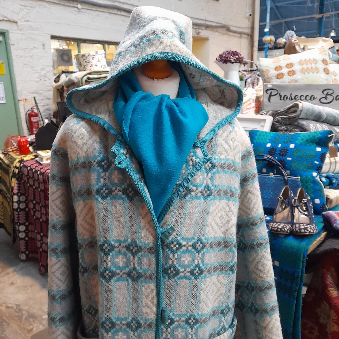 Vintage Welsh Tapestry Full Length Hooded Duffle Coat in Grey With Pop of Turquoise