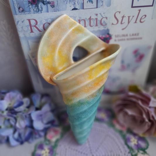 Art Deco Ceramic Conch Shell Shaped Wall Hanging Pocket Vase in Marbled Duck Egg Blue & Lemon by Beswick