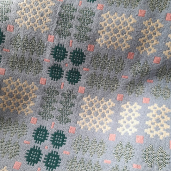 Vintage Welsh Tapestry Blanket in Pale Blue Green White & a Pop of Pink