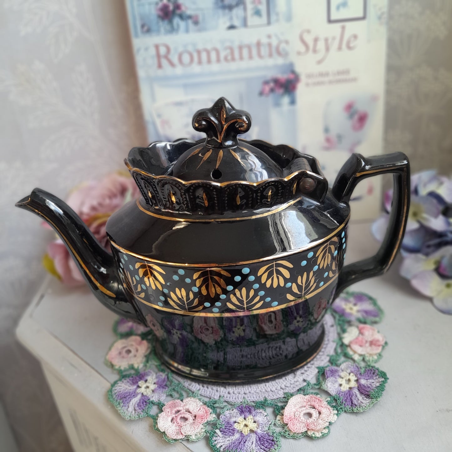 Antique Victorian Jackfield Black Handpainted Jet Ware Teapot With Hinged Lid Unused