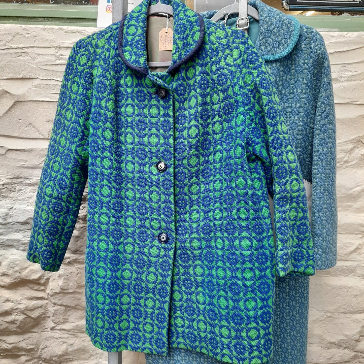 Vintage Welsh Tapestry Coat in Statement Emerald Green & Cobalt Blue 3/4 Length Size 16