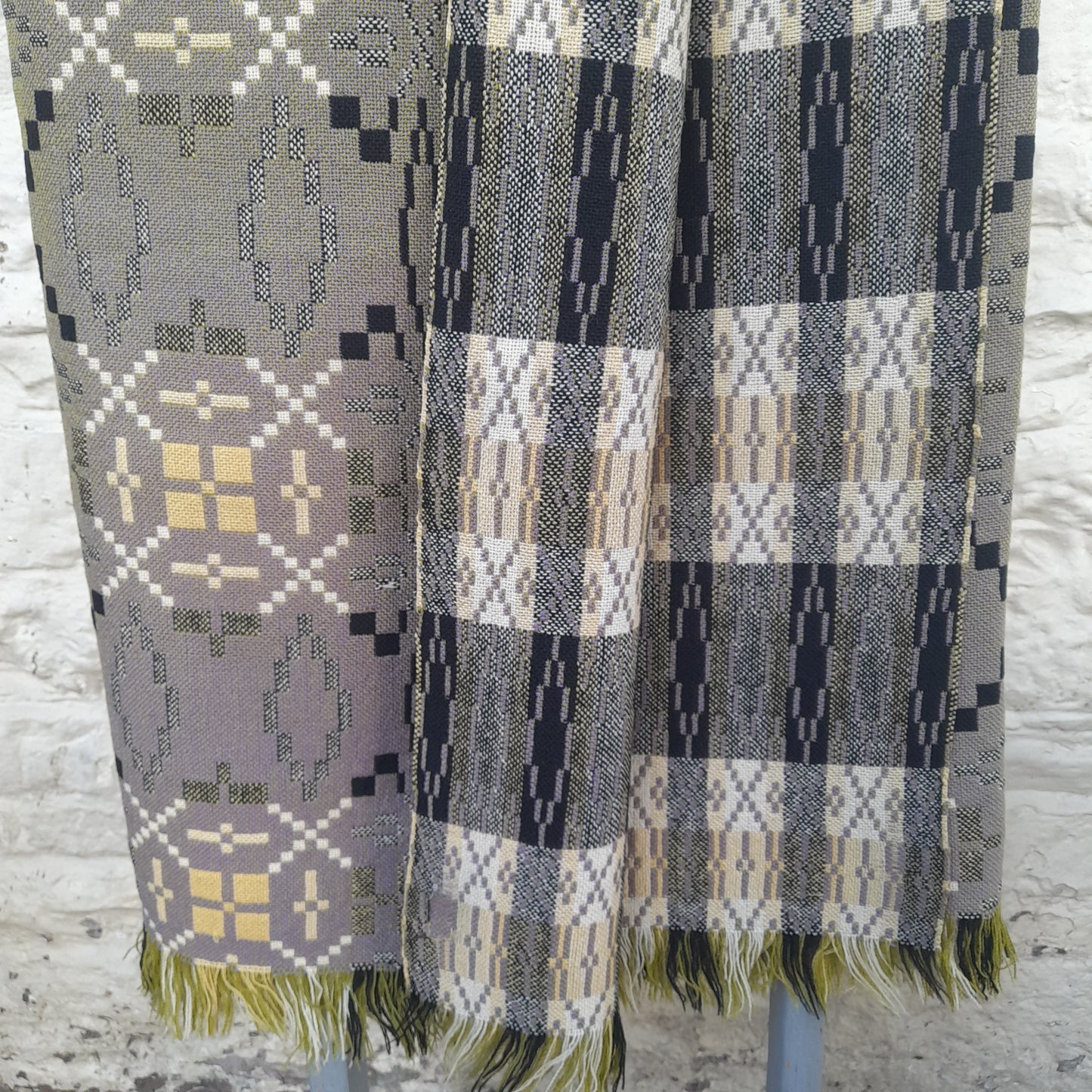 RARE Vintage Welsh Tapestry Blanket in Unusual Green, Lilac & Black Looks Grey King Size