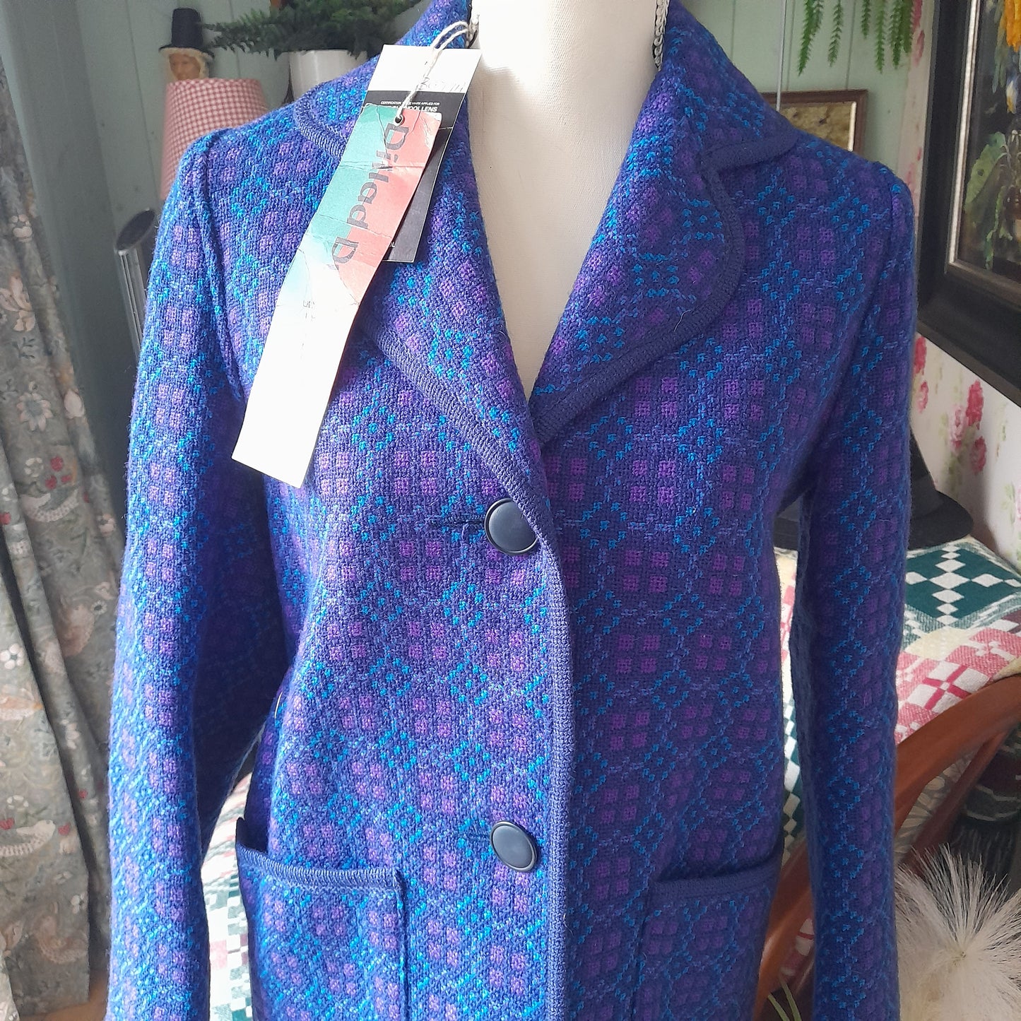 Vintage Welsh Tapestry Pea Coat in Blue & Purple BNWT Size 8/10