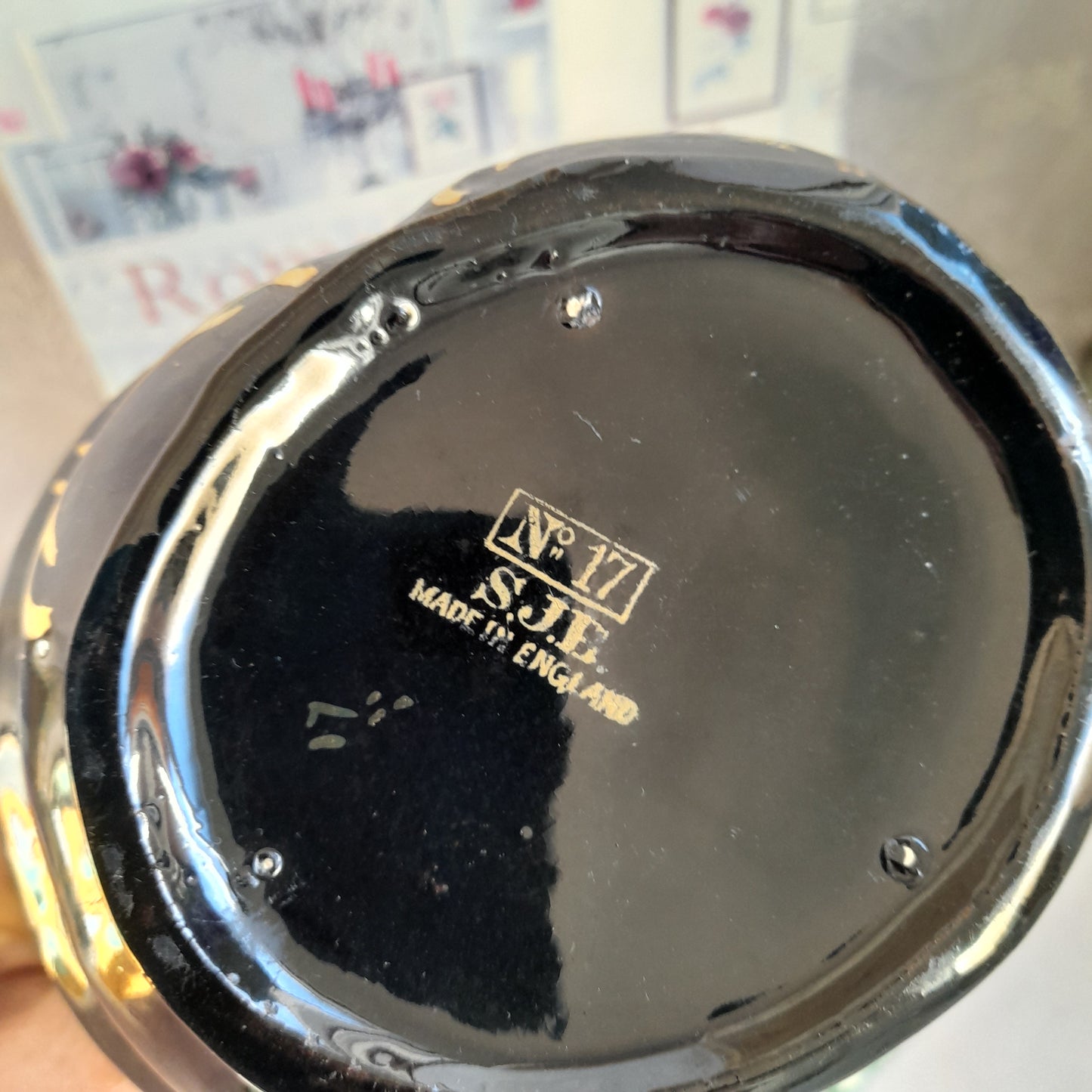 Antique Jackfield Black & Gold Water Jug With Pewter Lid