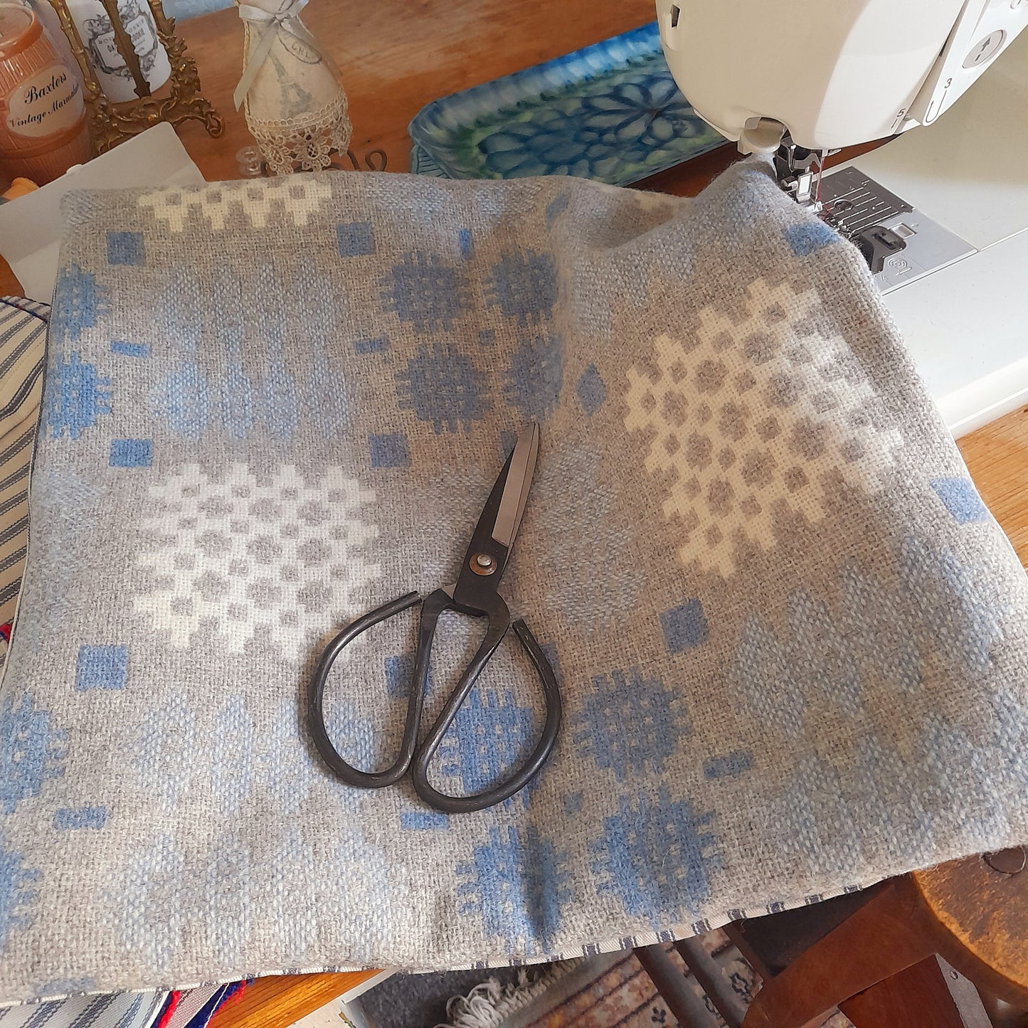 Pair of Welsh Tapestry Blanket Cushions in Pale Blue Grey & White Limited Edition 20"