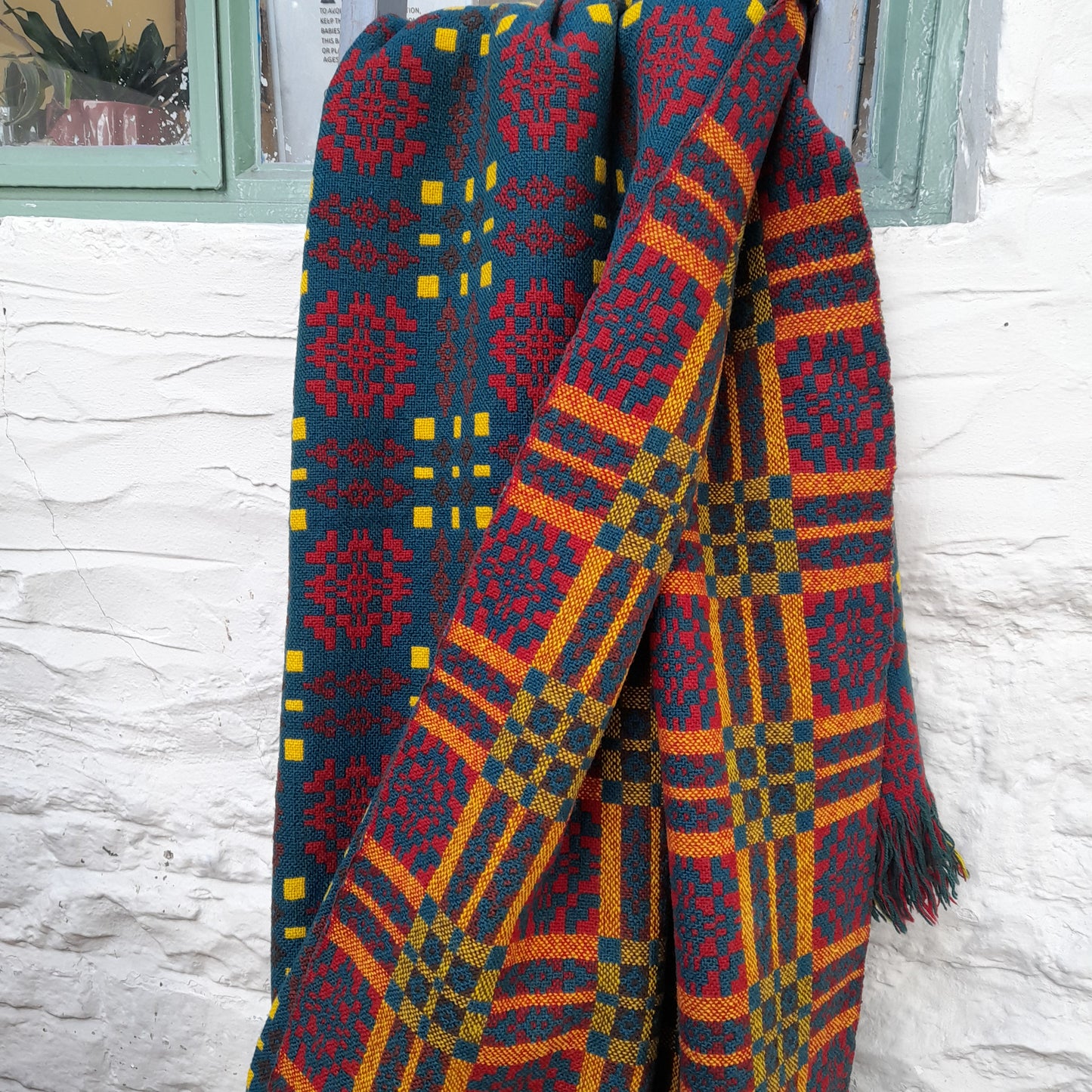 Vintage Welsh Tapestry Blanket in Green Red & Yellow by Wallis Woollen Mill King Size