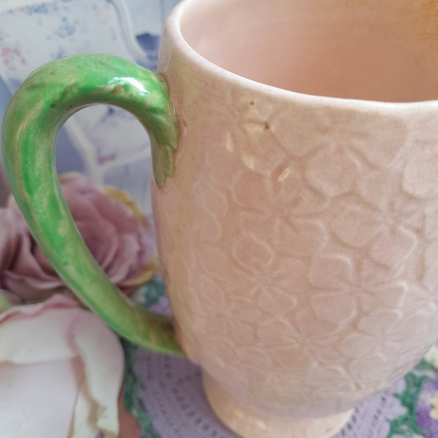 Art Deco Falcon Ware Pink Hydrangea Ceramic Jug Decorative Pitcher With Green Handle