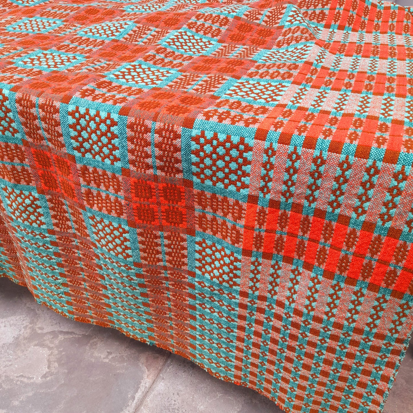 Early Antique Handmade Welsh Wool Tapestry Blanket in Teal Green, Orange Red & Terracotta