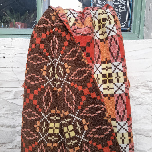 Vintage Welsh Tapestry Blanket in Orange Yellow & Brown Autumn Colours King Size