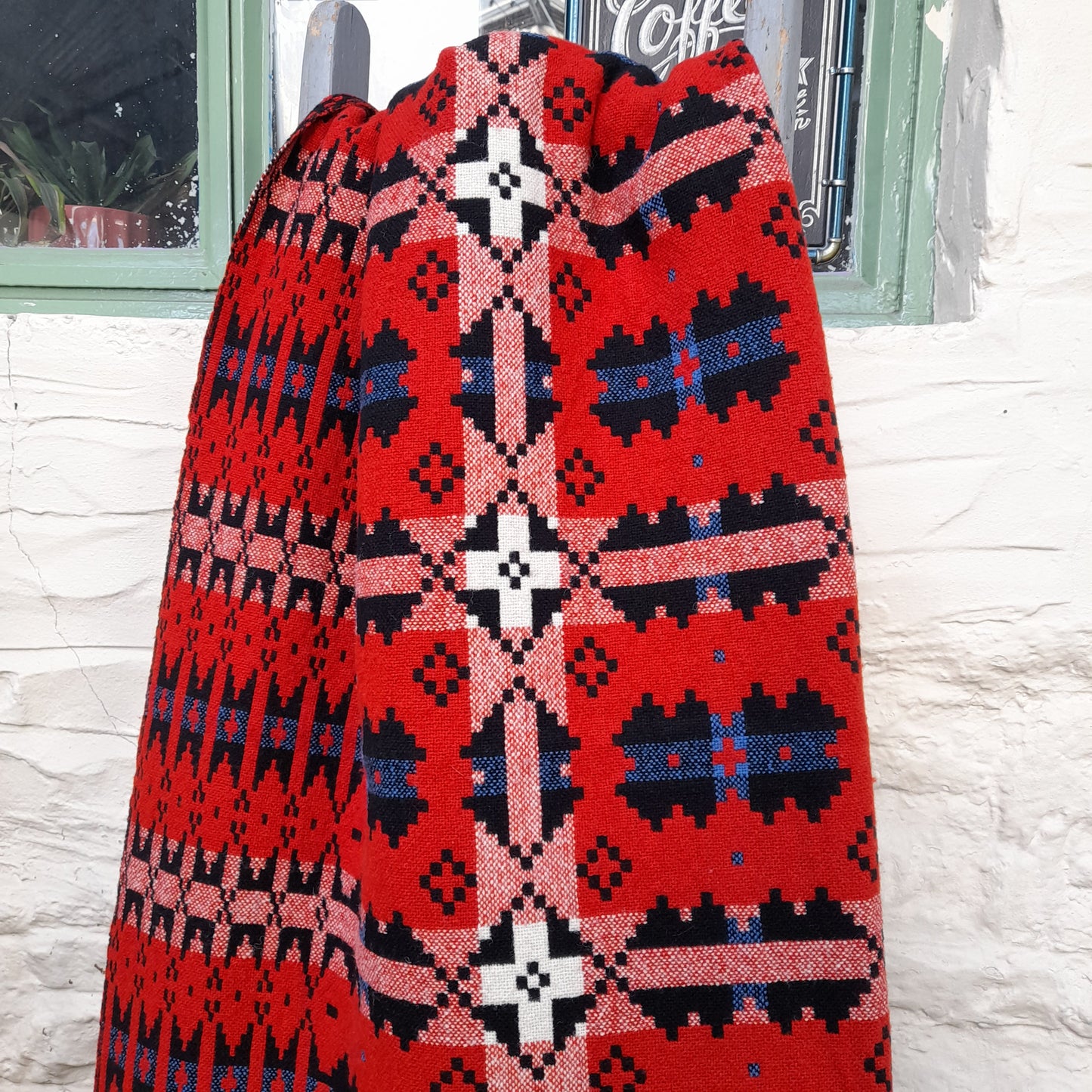 Vintage Welsh Tapestry Blanket in Red, Black & White With a Pop of Blue by Brynkir Woollen Mill