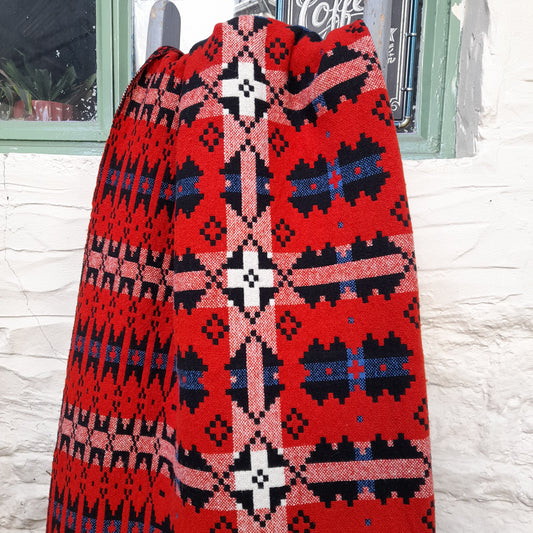 Vintage Welsh Tapestry Blanket in Red, Black & White With a Pop of Blue by Brynkir Woollen Mill