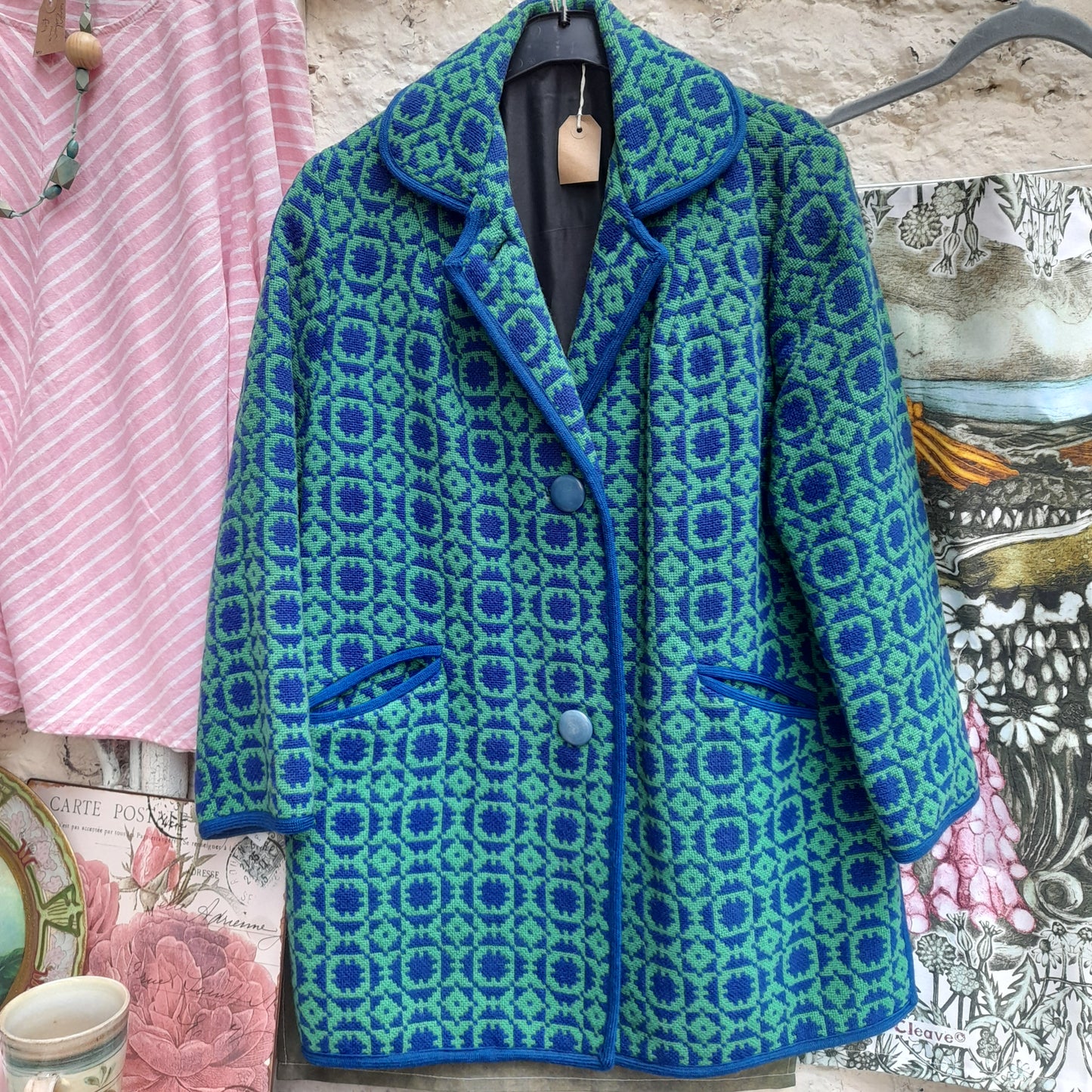 Vintage Welsh Tapestry Coat in Emerald Green & Cobalt Blue 16/18