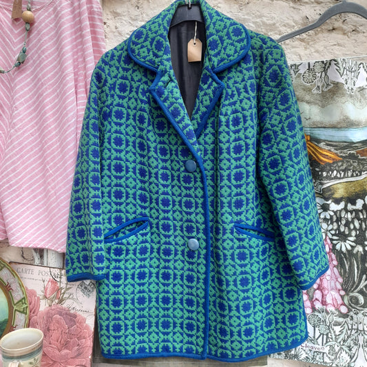Vintage Welsh Tapestry Coat in Emerald Green & Cobalt Blue 16/18